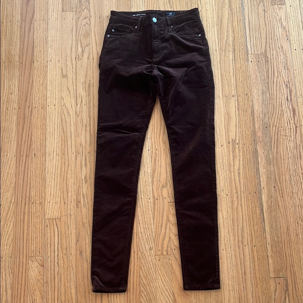 AG Adriano Goldschmied Brown Velvet “Farrah” high rise jeans